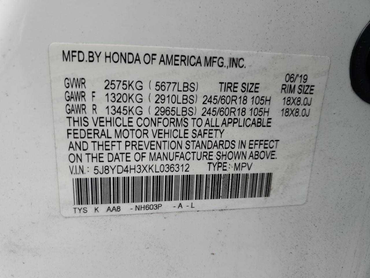 2019 Acura Mdx VIN: 5J8YD4H3XKL036312 Lot: 90050145