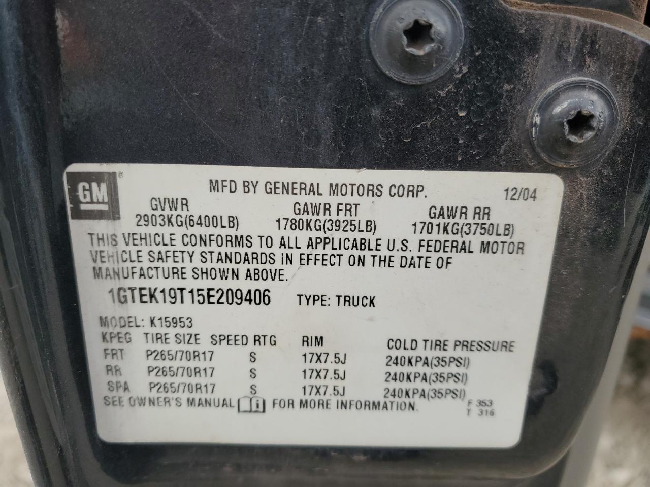 2005 GMC New Sierra K1500 VIN: 1GTEK19T15E209406 Lot: 85683365