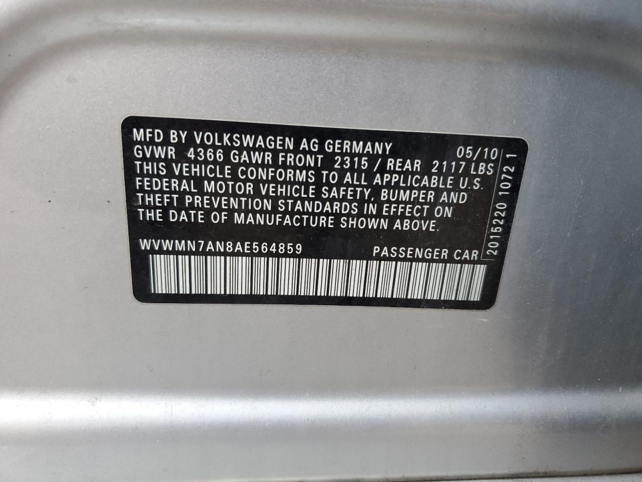 2010 Volkswagen Cc Sport VIN: WVWMN7AN8AE564859 Lot: 86040795