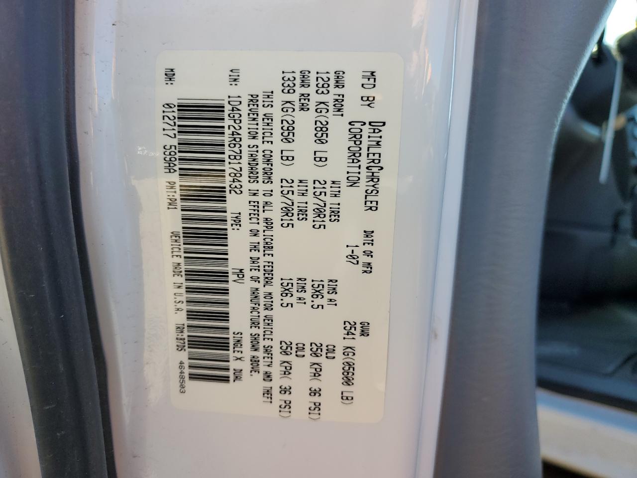 2007 Dodge Grand Caravan Se VIN: 1D4GP24R67B178432 Lot: 86983225