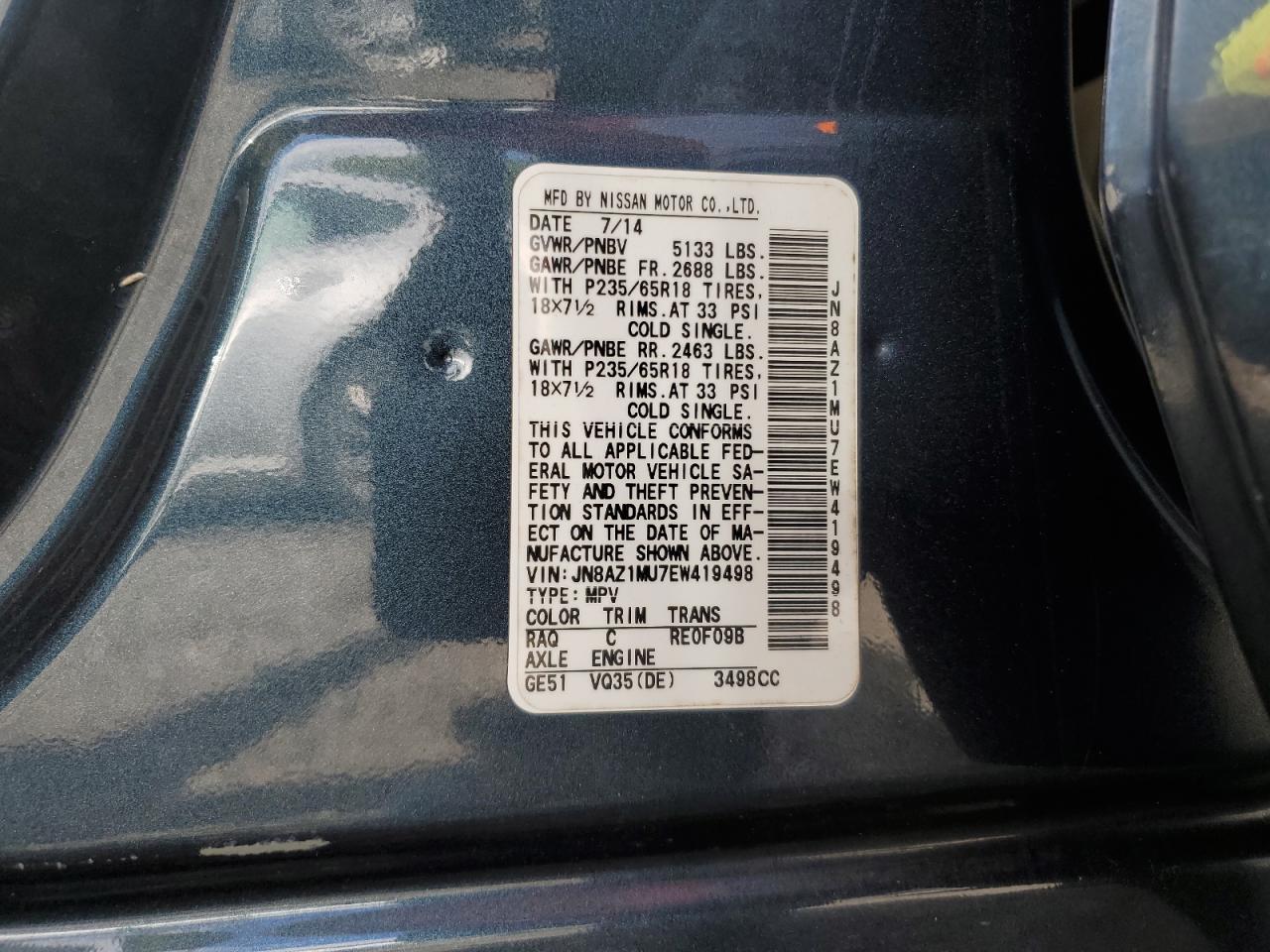 2014 Nissan Murano S VIN: JN8AZ1MU7EW419498 Lot: 85116355