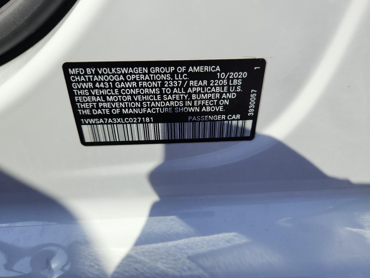 2020 Volkswagen Passat Se VIN: 1VWSA7A3XLC027181 Lot: 85168235