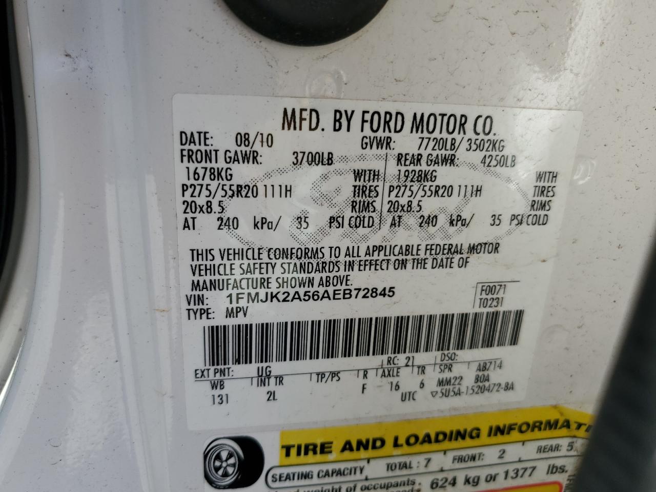 2010 Ford Expedition El Limited VIN: 1FMJK2A56AEB72845 Lot: 85196275