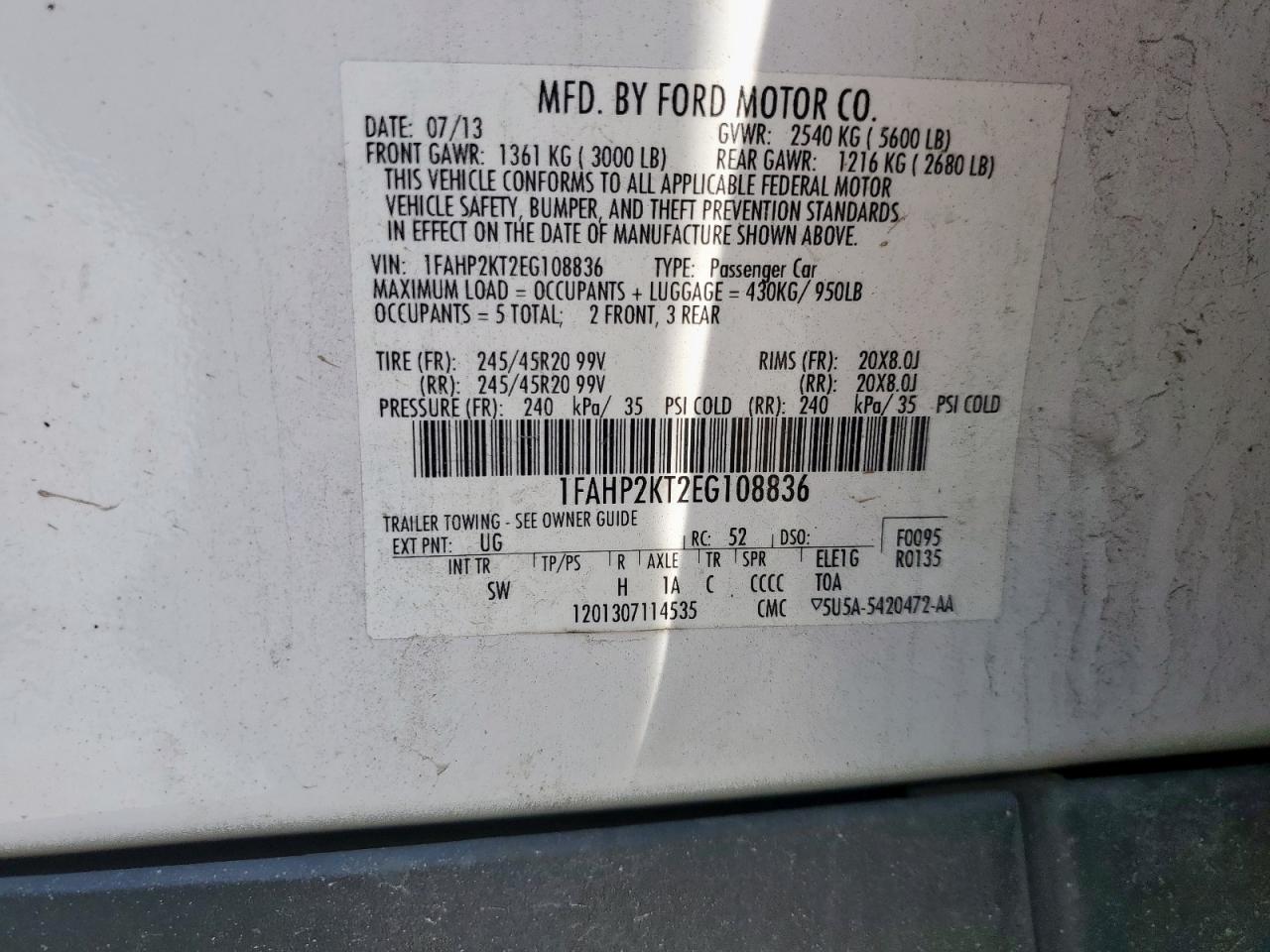 2014 Ford Taurus Sho VIN: 1FAHP2KT2EG108836 Lot: 82294665