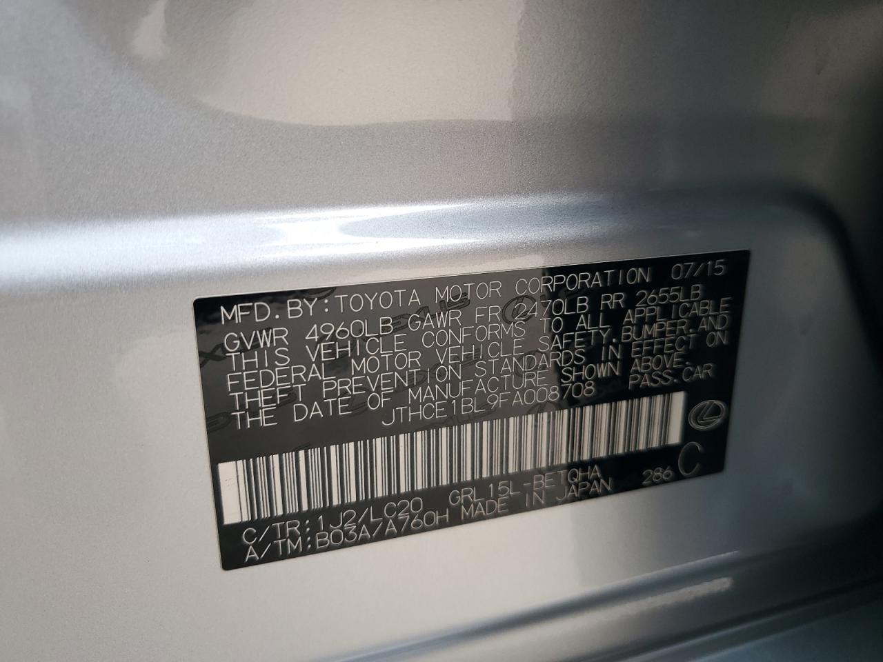 2015 Lexus Gs 350 VIN: JTHCE1BL9FA008708 Lot: 86084885