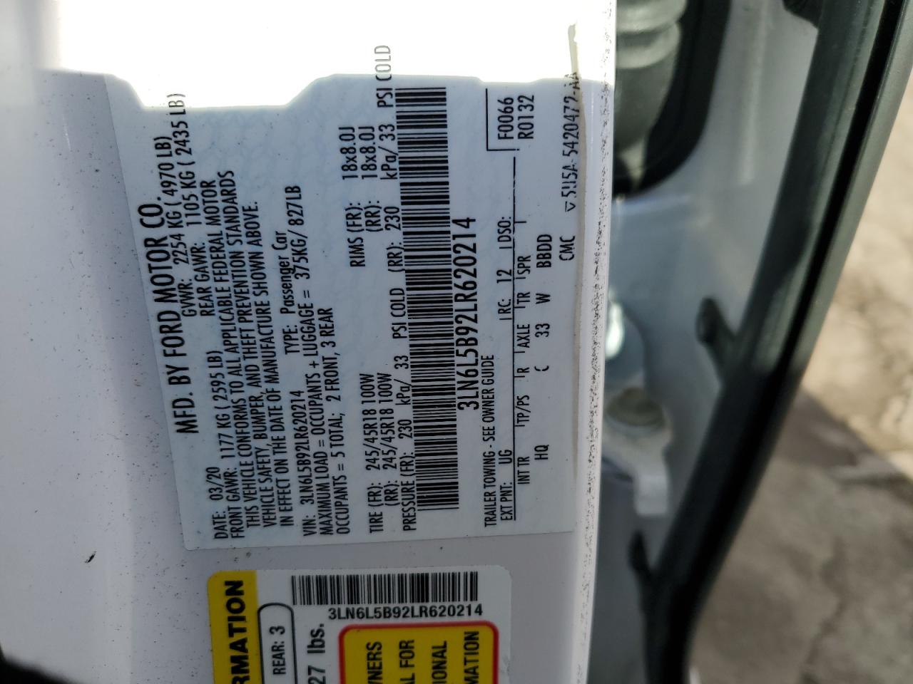 2020 Lincoln Mkz VIN: 3LN6L5B92LR620214 Lot: 91335785