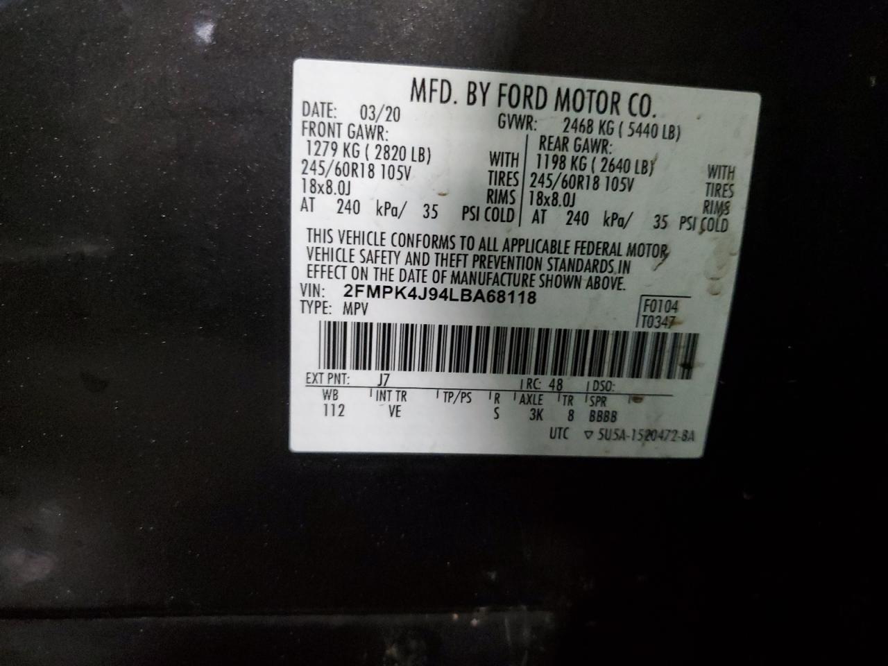 2020 Ford Edge Sel VIN: 2FMPK4J94LBA68118 Lot: 90460845