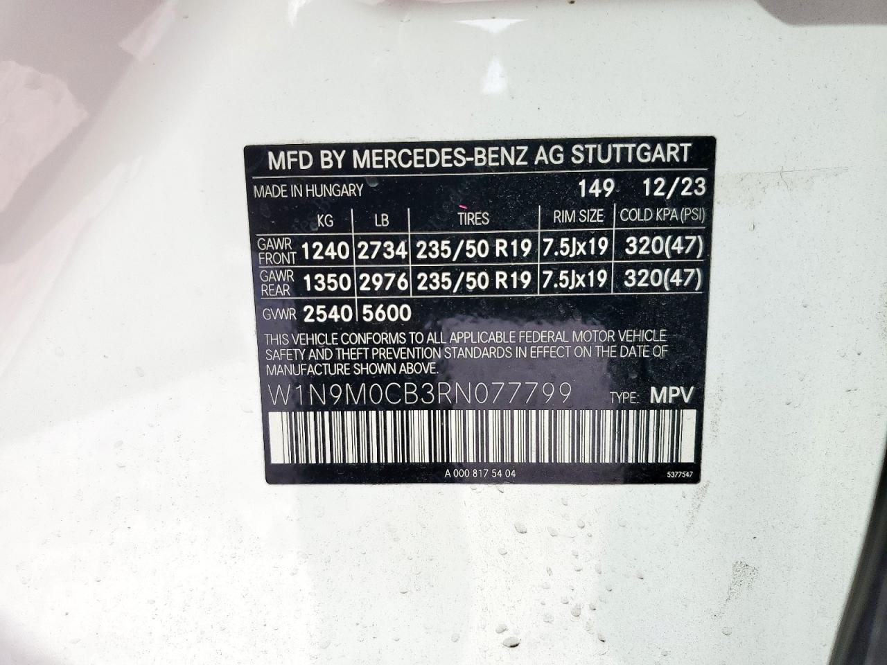 2024 Mercedes-Benz Eqb 250+ VIN: W1N9M0CB3RN077799 Lot: 81973155