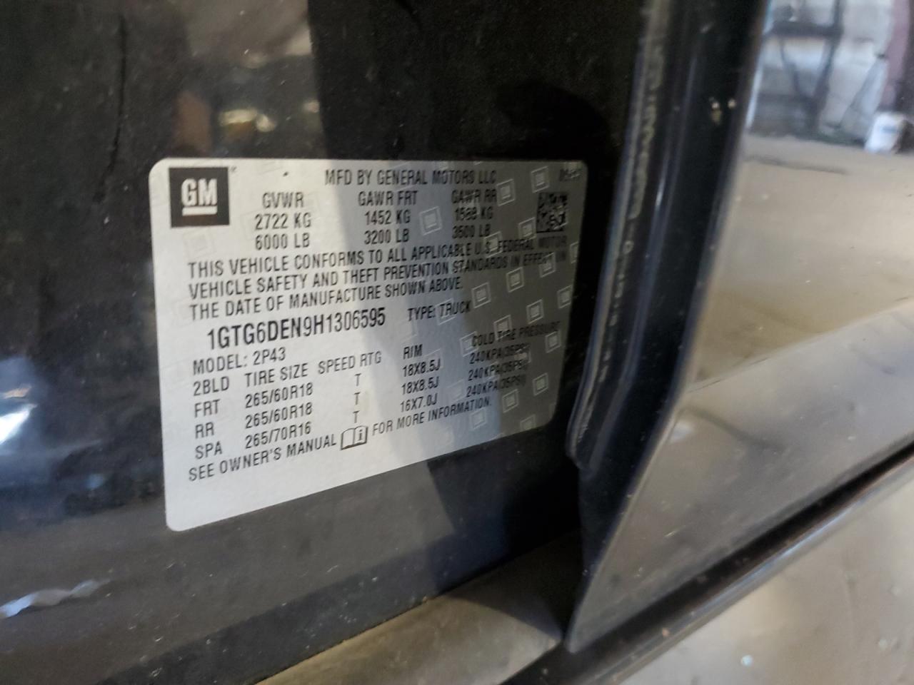 2017 GMC Canyon Slt VIN: 1GTG6DEN9H1306595 Lot: 82210535