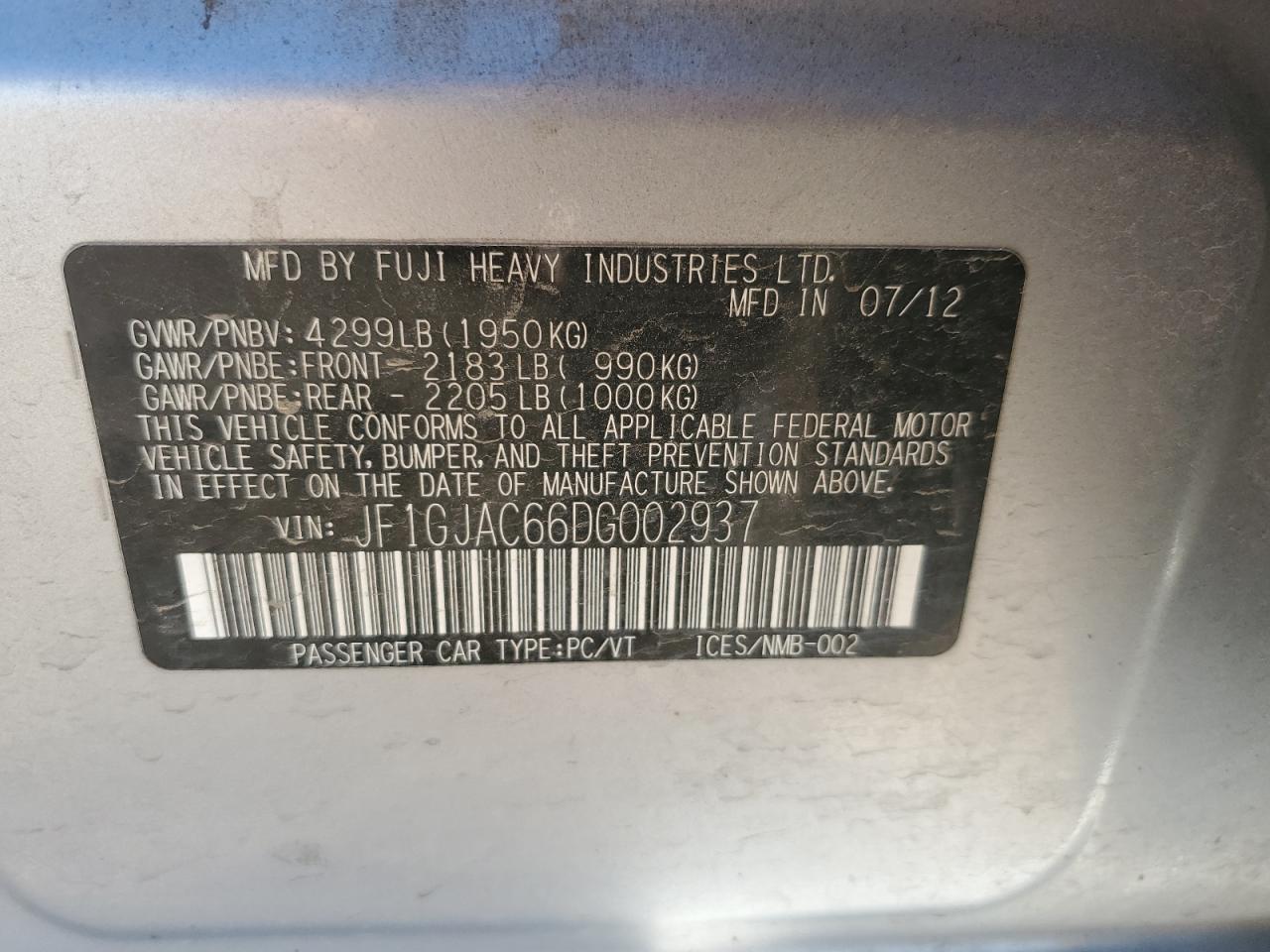 2013 Subaru Impreza Premium VIN: JF1GJAC66DG002937 Lot: 82305965