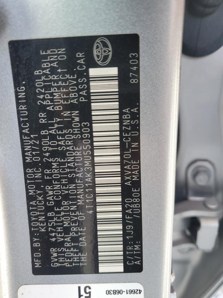 2021 Toyota Camry Le VIN: 4T1C11AK3MU550903 Lot: 86137315