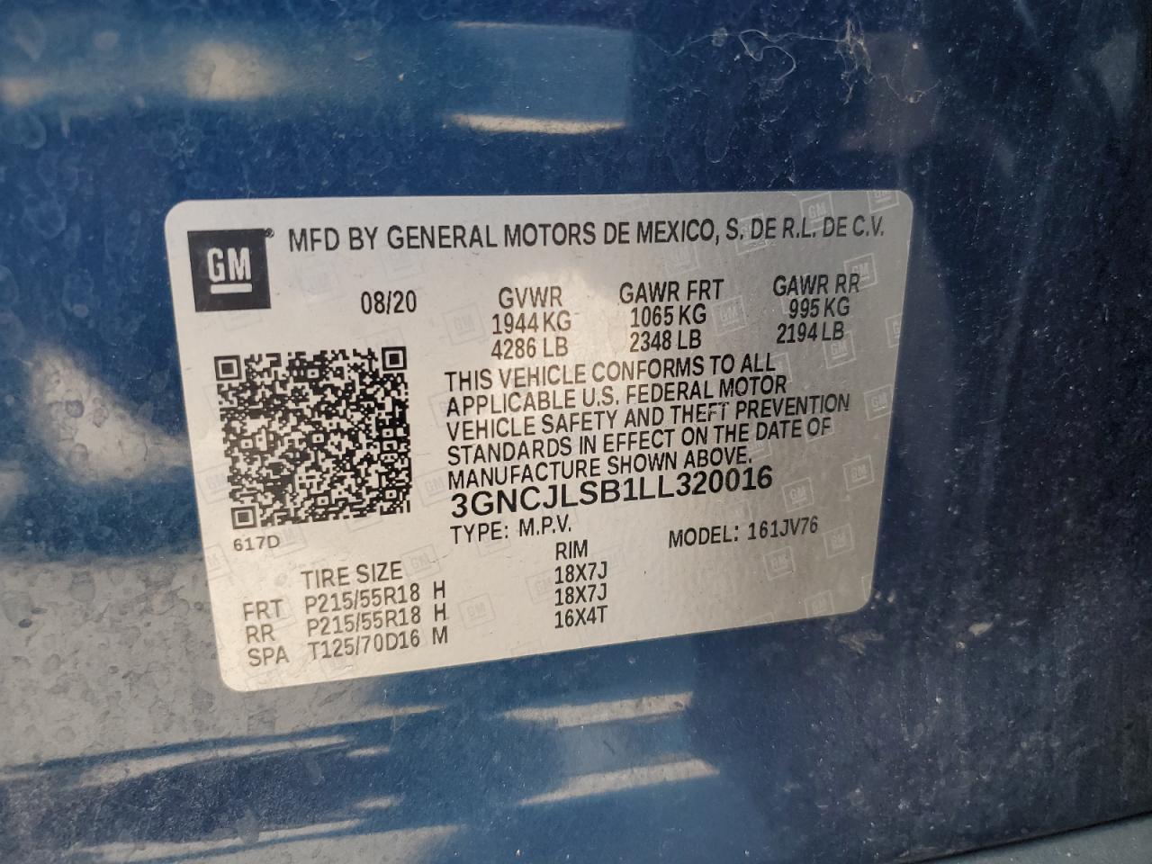 2020 Chevrolet Trax 1Lt VIN: 3GNCJLSB1LL320016 Lot: 84292155