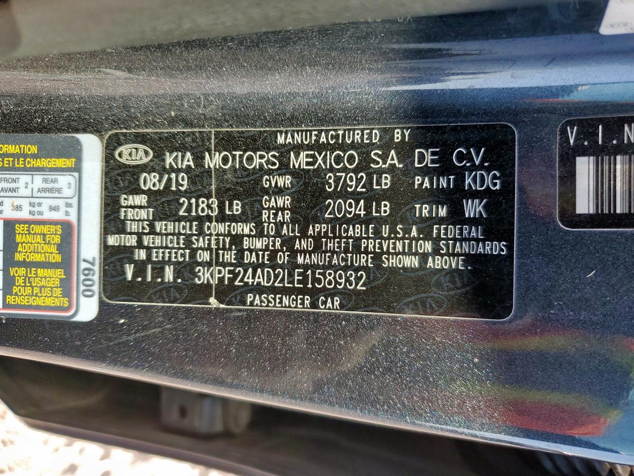 2020 Kia Forte Fe VIN: 3KPF24AD2LE158932 Lot: 85507815