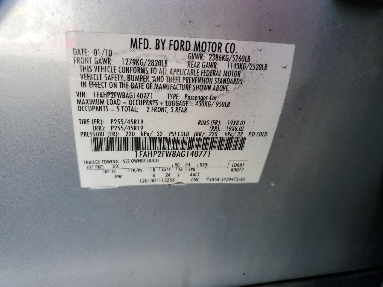 2010 Ford Taurus Limited VIN: 1FAHP2FW8AG140771 Lot: 85572415