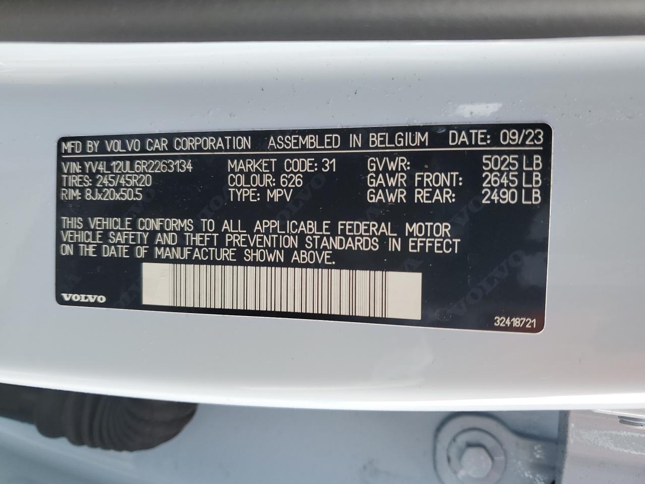 2024 Volvo Xc40 Plus VIN: YV4L12UL6R2263134 Lot: 86456575