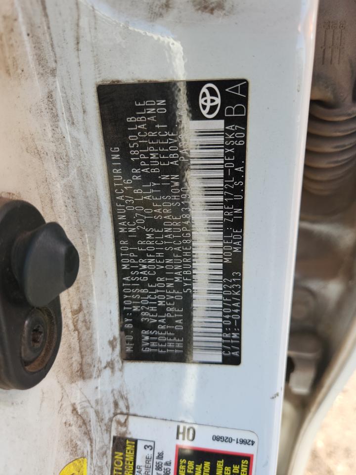 2016 Toyota Corolla L VIN: 5YFBURHE8GP483190 Lot: 86148935