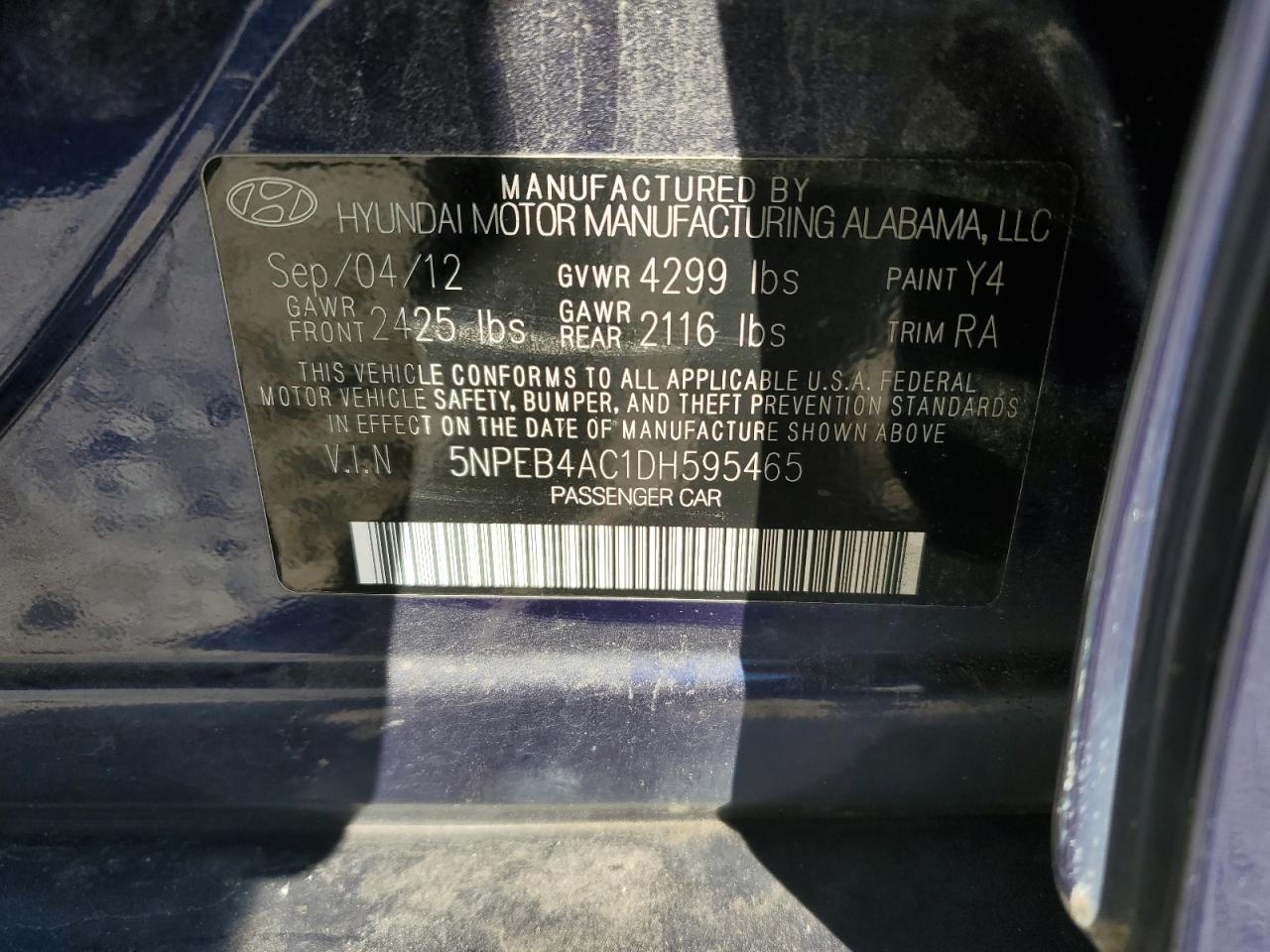 2013 Hyundai Sonata Gls VIN: 5NPEB4AC1DH595465 Lot: 84443315