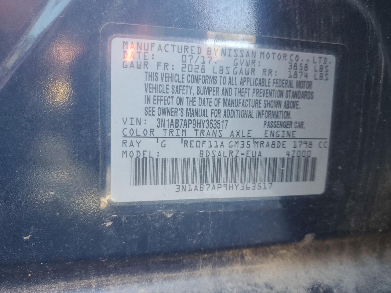 2017 Nissan Sentra S VIN: 3N1AB7AP9HY363517 Lot: 90789485