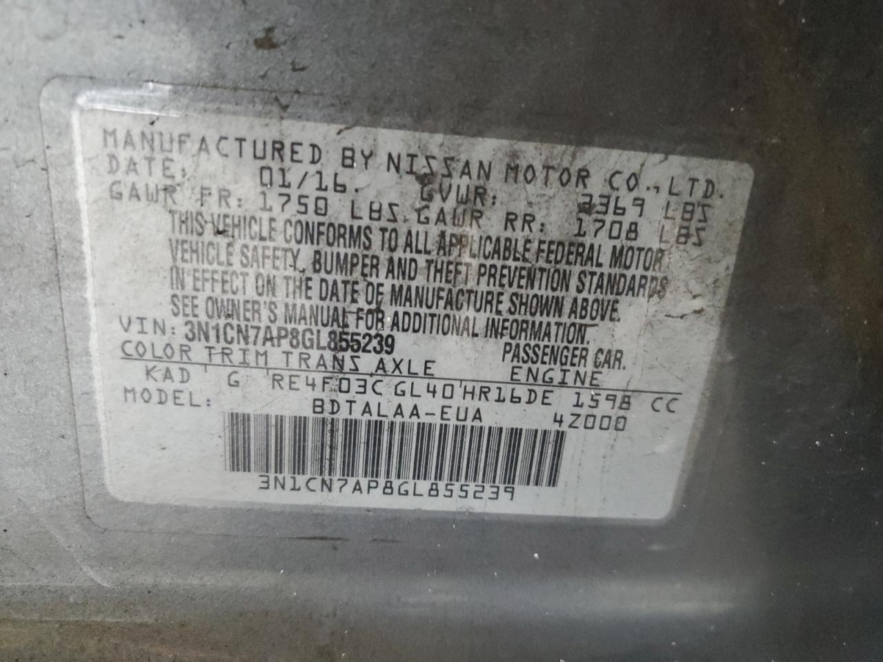 2016 Nissan Versa S VIN: 3N1CN7AP8GL855239 Lot: 81958755