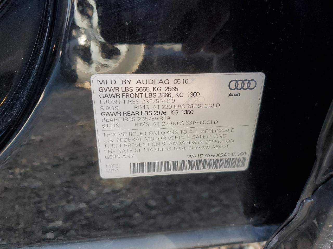 2016 Audi Q5 Premium Plus S-Line VIN: WA1D7AFPXGA145469 Lot: 85819375