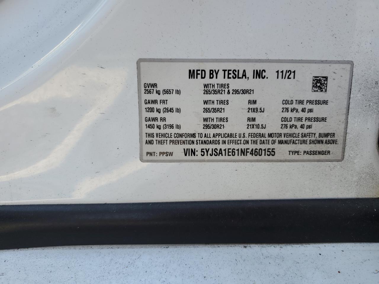 2022 Tesla Model S VIN: 5YJSA1E61NF460155 Lot: 90929935