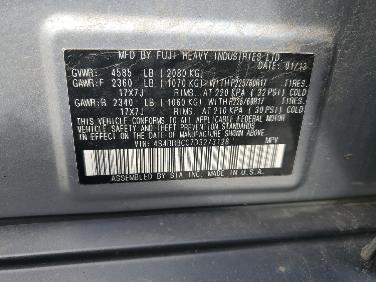 2013 Subaru Outback 2.5I Premium VIN: 4S4BRBCC7D3273128 Lot: 84028425