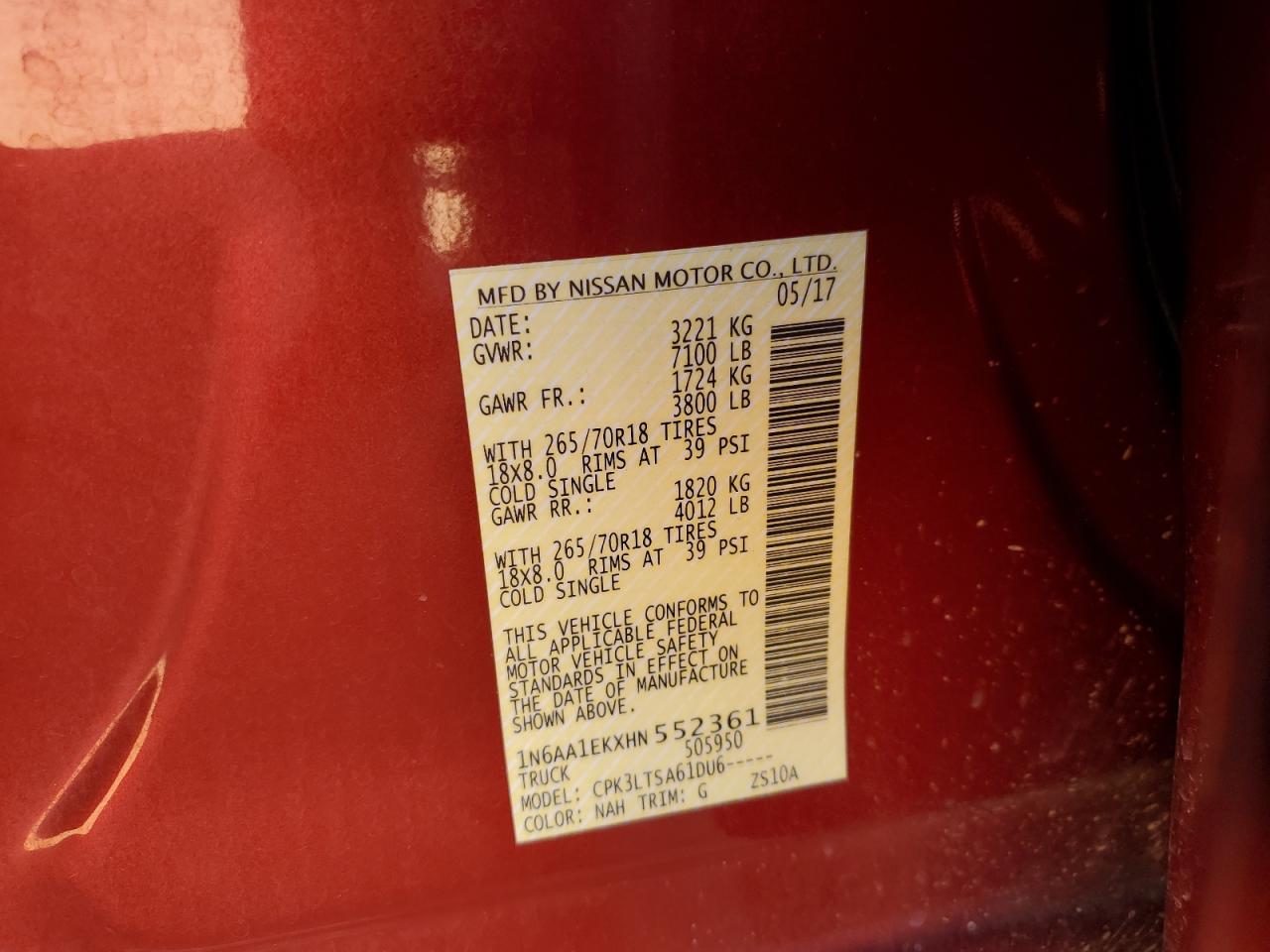 2017 Nissan Titan S VIN: 1N6AA1EKXHN552361 Lot: 84657165