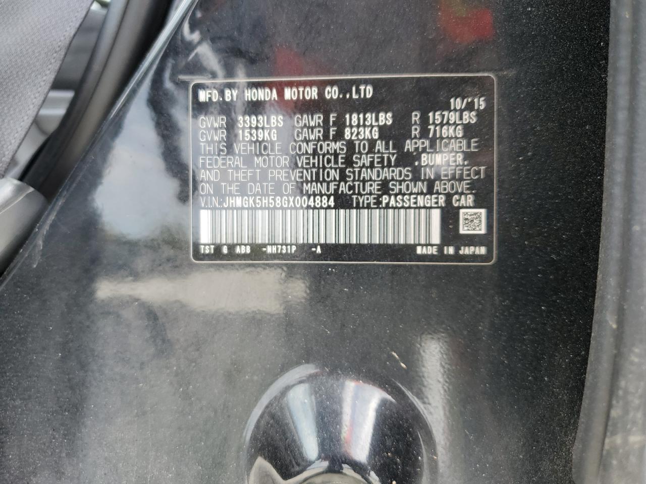 2016 Honda Fit Lx VIN: JHMGK5H58GX004884 Lot: 82375175