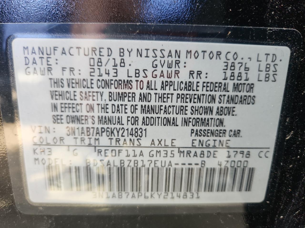 2019 Nissan Sentra S VIN: 3N1AB7AP6KY214831 Lot: 85296105