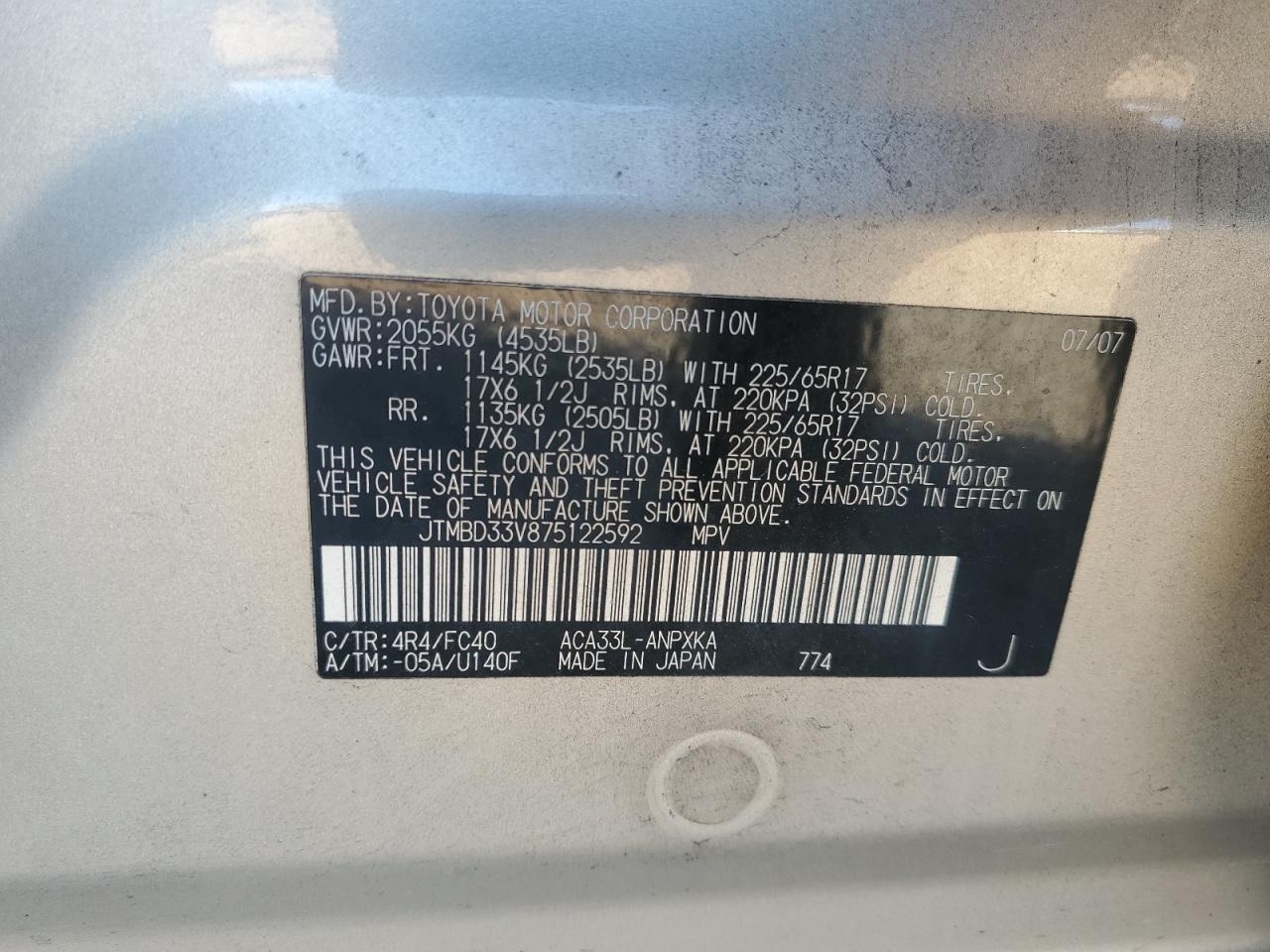 2007 Toyota Rav4 VIN: JTMBD33V875122592 Lot: 89522105