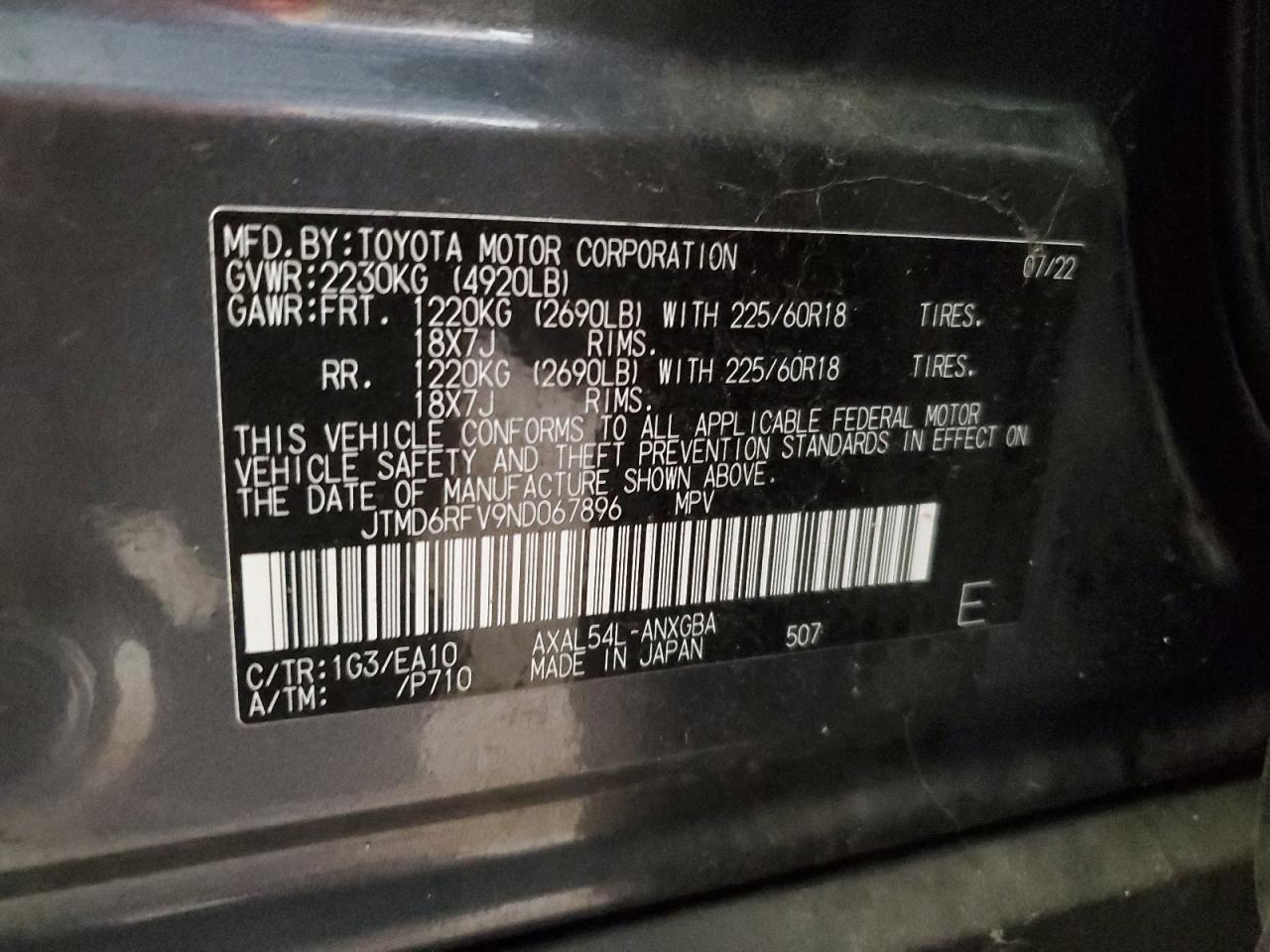 2022 Toyota Rav4 Limited VIN: JTMD6RFV9ND067896 Lot: 85512735