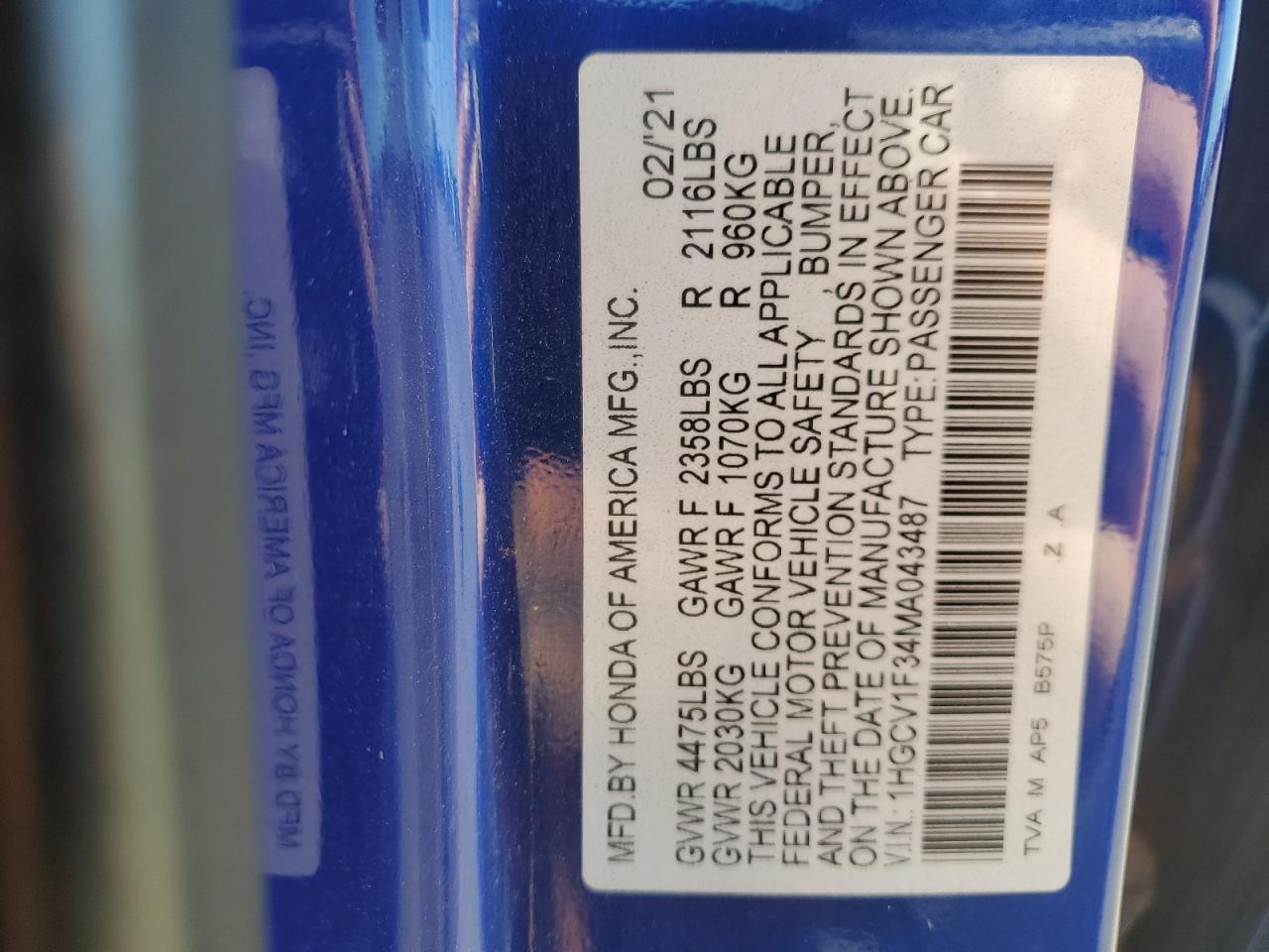 2021 Honda Accord Sport VIN: 1HGCV1F34MA043487 Lot: 89711145