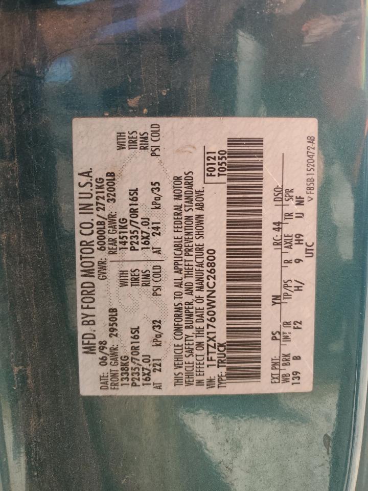 1998 Ford F150 VIN: 1FTZX1760WNC26800 Lot: 84400925