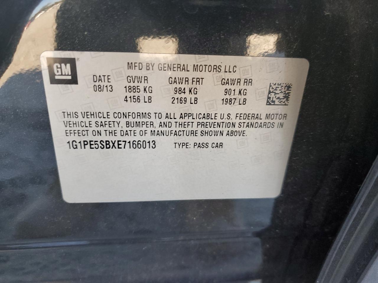 2014 Chevrolet Cruze Lt VIN: 1G1PE5SBXE7166013 Lot: 82685755