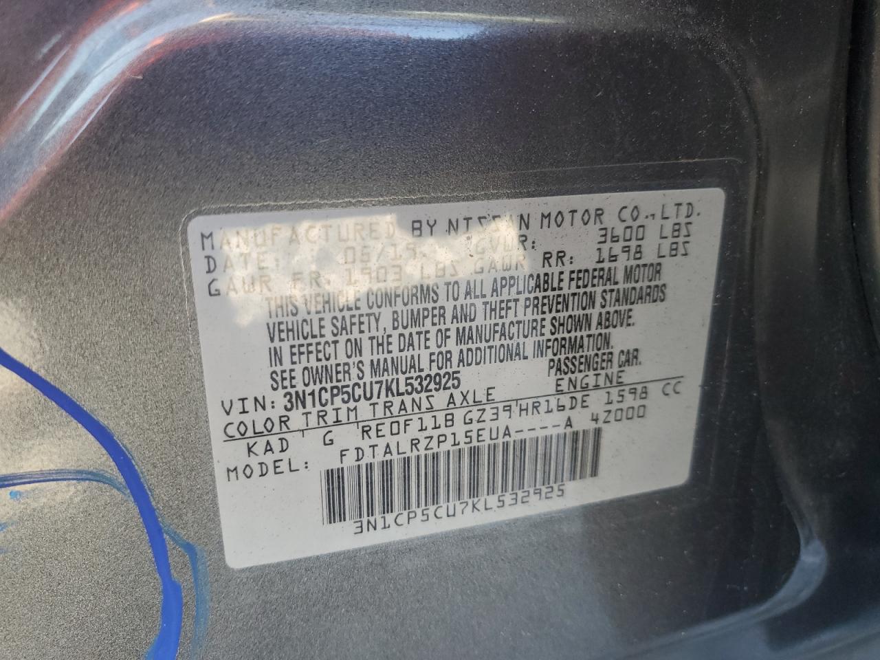 2019 Nissan Kicks S VIN: 3N1CP5CU7KL532925 Lot: 82300775