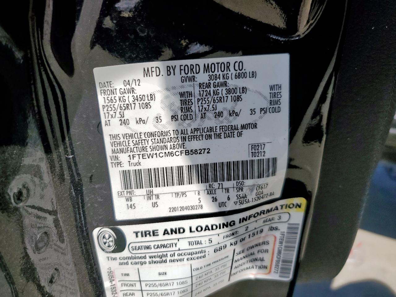 2012 Ford F150 Supercrew VIN: 1FTEW1CM6CFB58272 Lot: 85707935