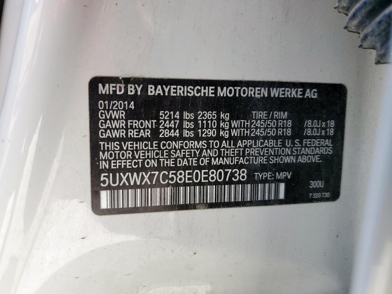 2014 BMW X3 xDrive35I VIN: 5UXWX7C58E0E80738 Lot: 85385965