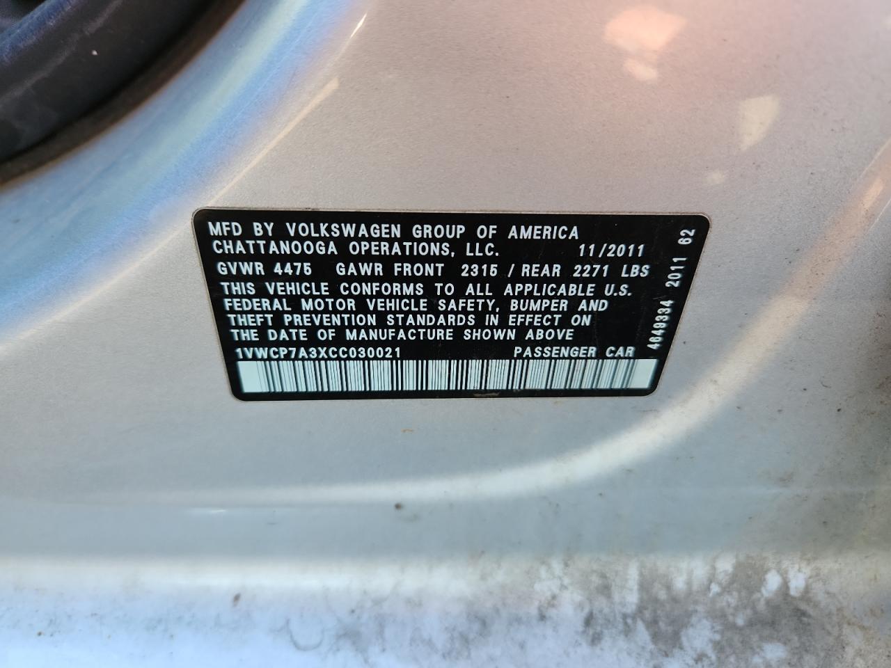 2012 Volkswagen Passat Sel VIN: 1VWCP7A3XCC030021 Lot: 85570325