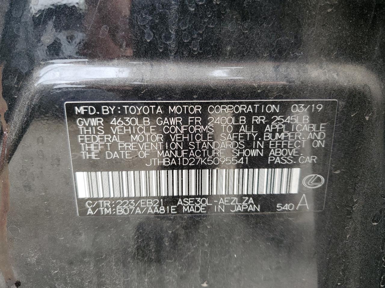 2019 Lexus Is 300 VIN: JTHBA1D27K5095541 Lot: 84733505