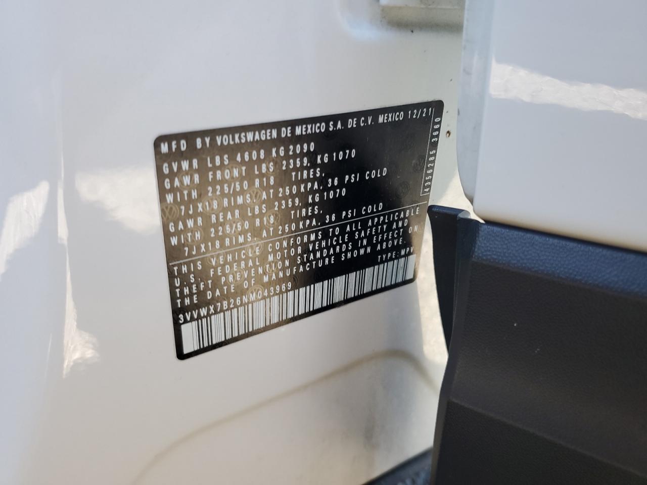 2022 Volkswagen Taos Se VIN: 3VVWX7B26NM043969 Lot: 87010735