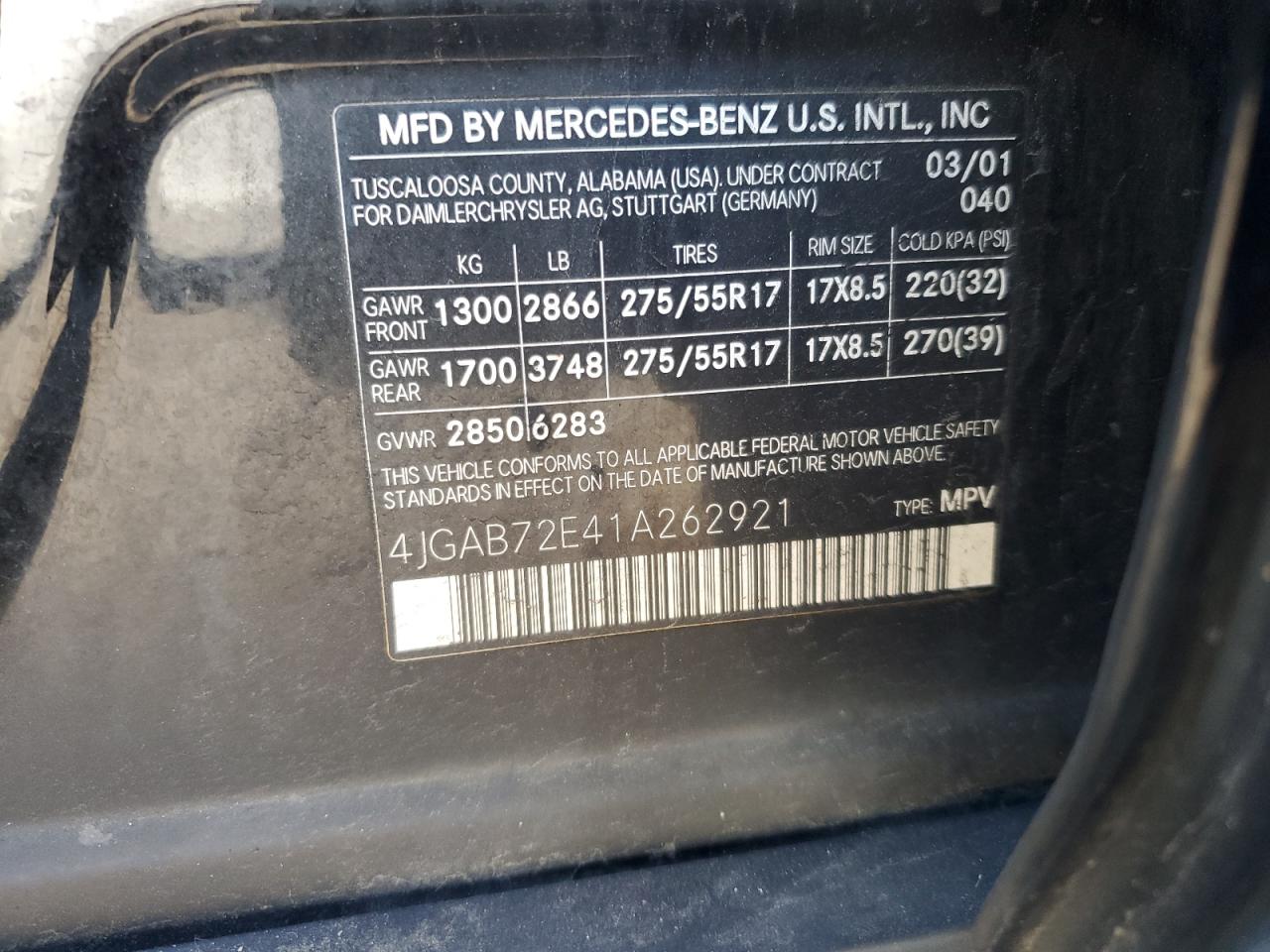 2001 Mercedes-Benz Ml 430 VIN: 4JGAB72E41A262921 Lot: 85002835