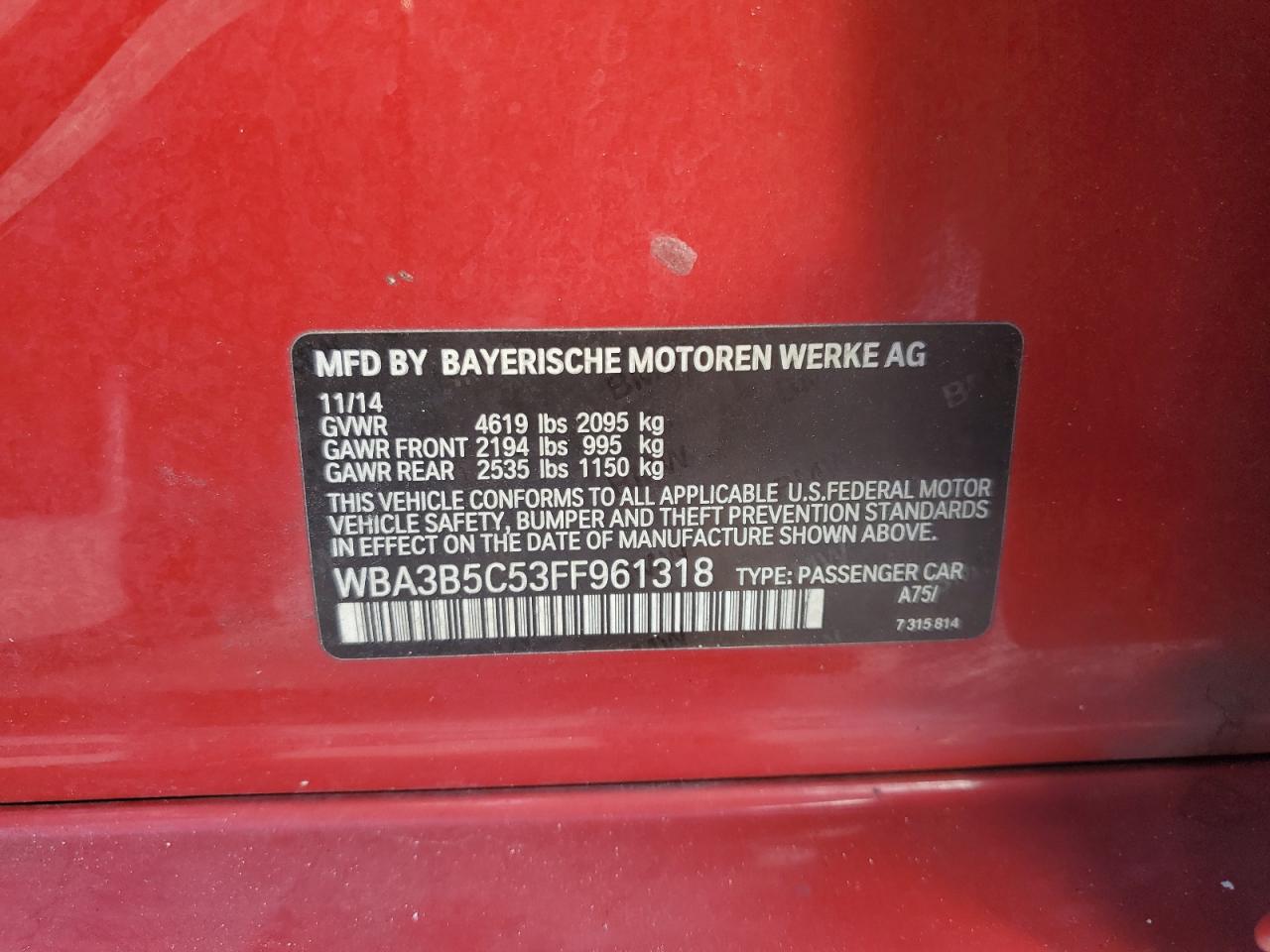 2015 BMW 328 Xi Sulev VIN: WBA3B5C53FF961318 Lot: 86794995