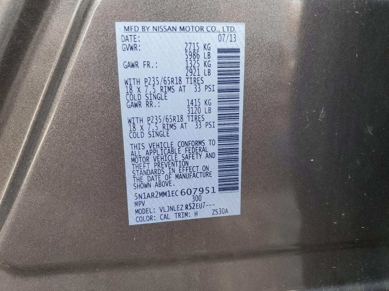 2014 Nissan Pathfinder S VIN: 5N1AR2MM1EC607951 Lot: 85510985