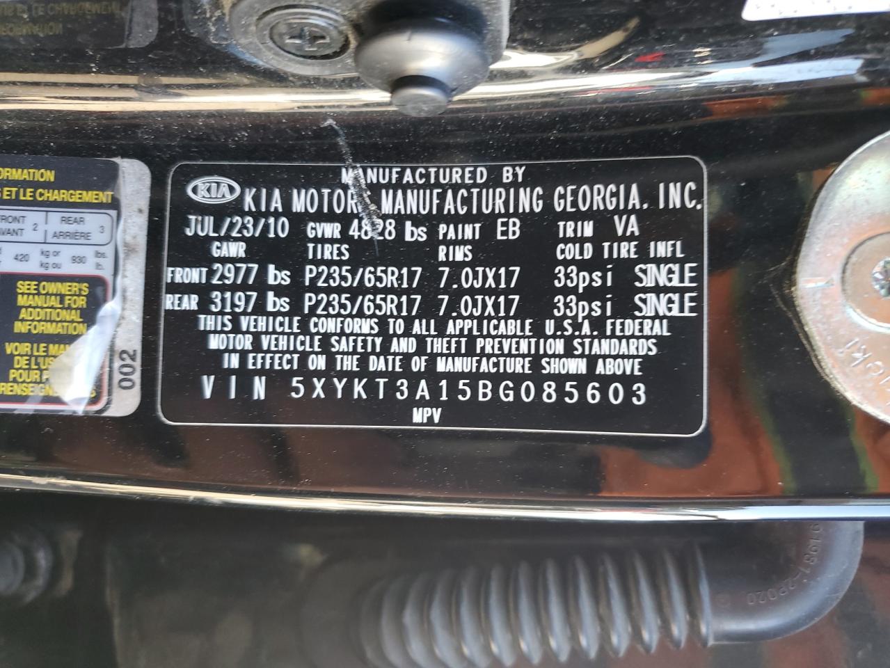 2011 Kia Sorento Base VIN: 5XYKT3A15BG085603 Lot: 85879525