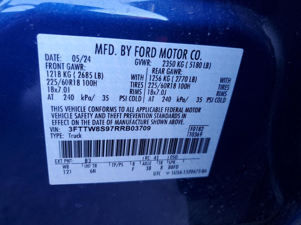 2024 Ford Maverick Lariat VIN: 3FTTW8S97RRB03709 Lot: 87103435