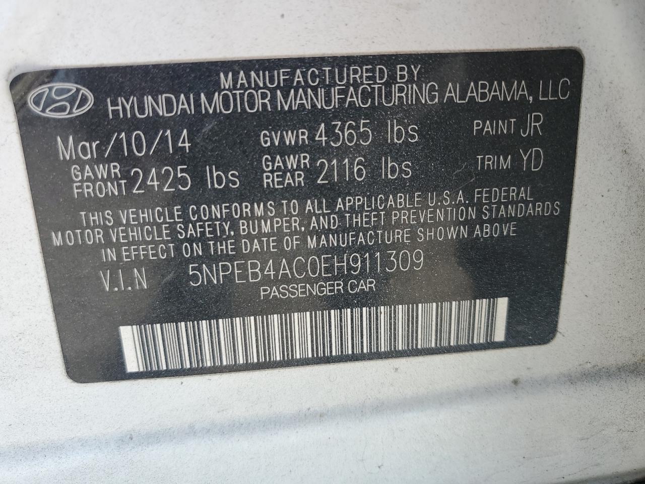 2014 Hyundai Sonata Gls VIN: 5NPEB4AC0EH911309 Lot: 86280225