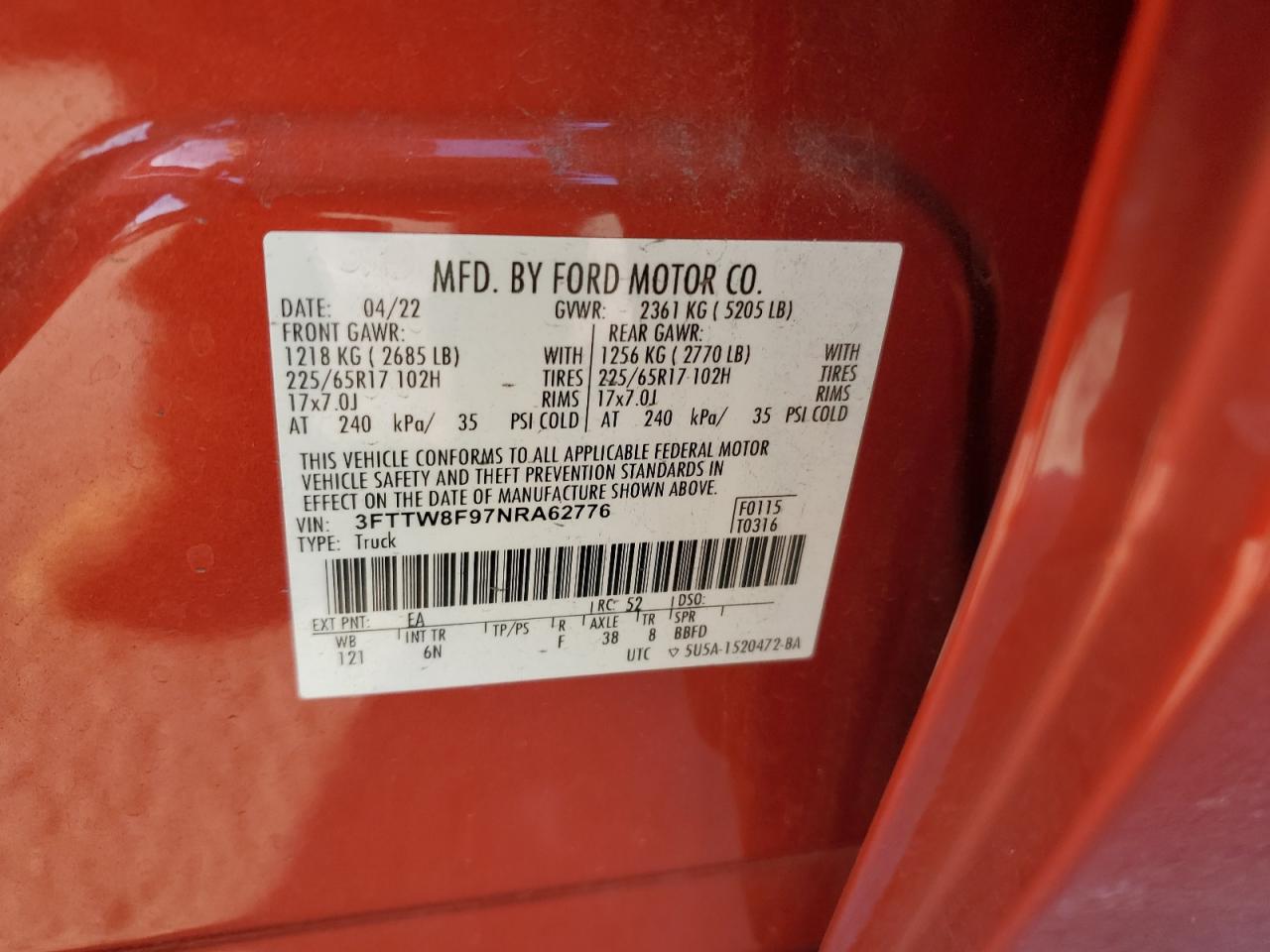 2022 Ford Maverick Xl VIN: 3FTTW8F97NRA62776 Lot: 86472175