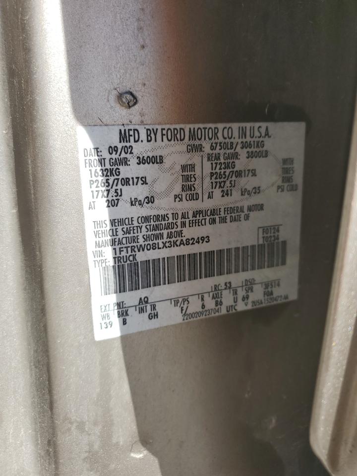 2003 Ford F150 Supercrew VIN: 1FTRW08LX3KA82493 Lot: 86156615