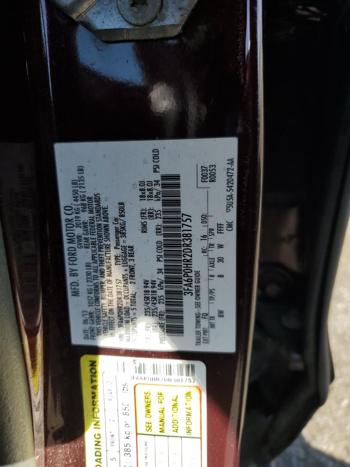 2013 Ford Fusion Se VIN: 3FA6P0HR2DR381757 Lot: 85273695