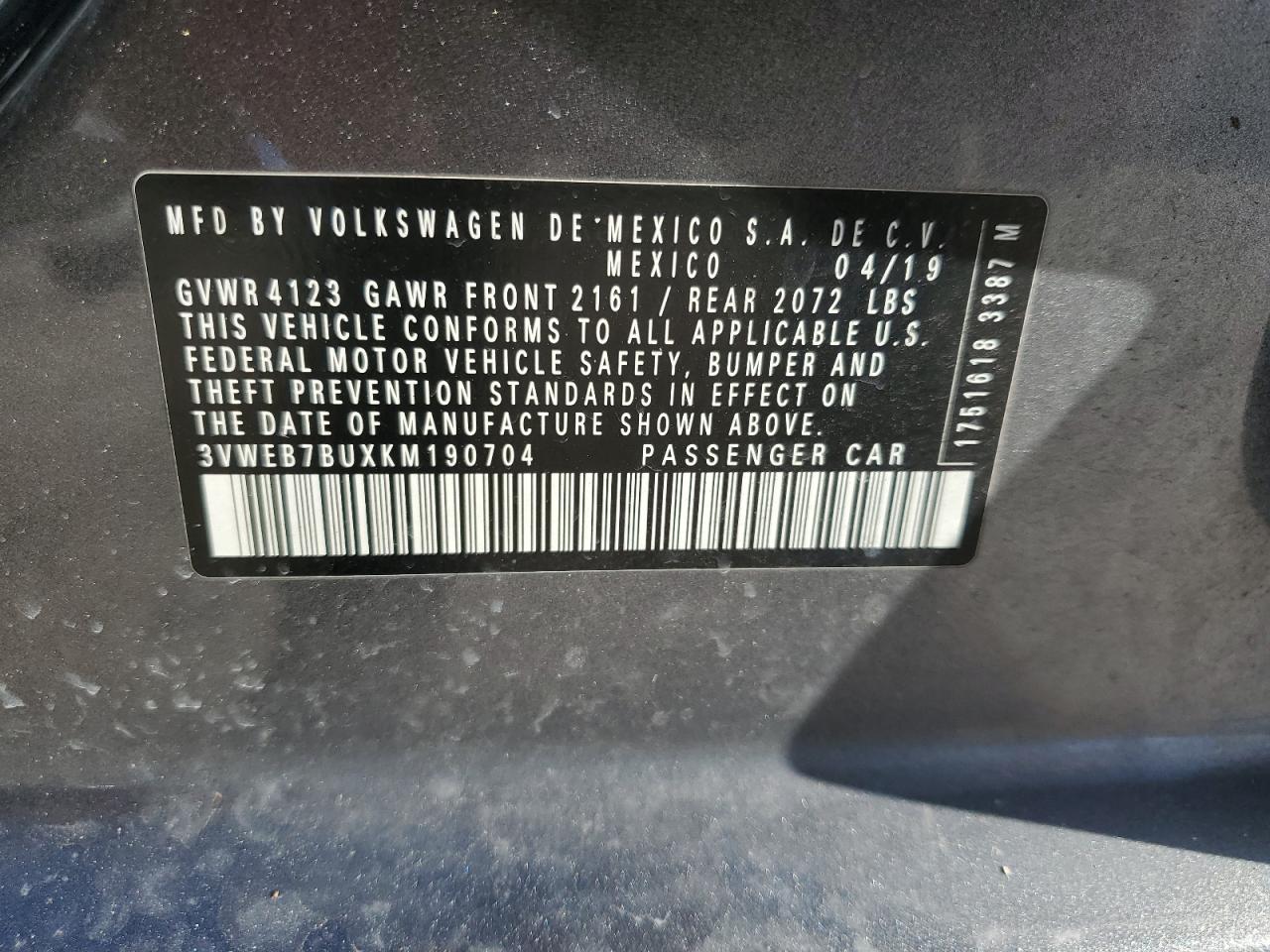 2019 Volkswagen Jetta Sel VIN: 3VWEB7BUXKM190704 Lot: 81548305